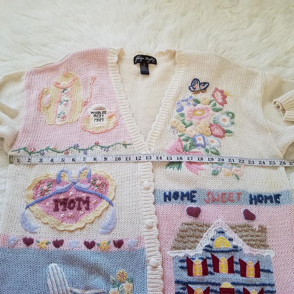 Vtg Gladys Bagley Granny Core Floral Embroidery Button Front Cardigan Sweater - Picture 9 of 12